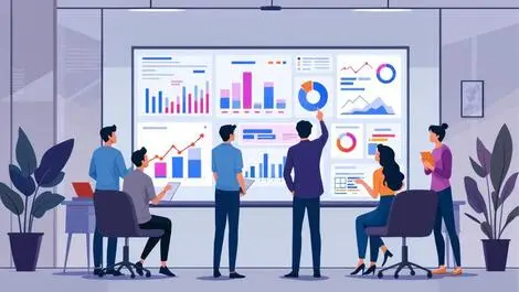 Modern office discussion data visualizations customer behavior marketing funnels