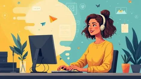 Confident woman working at computer with digital elements technology