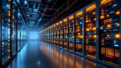 Realistic modern data center server racks glowing lights cables cloud