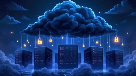 Dark cloud over data servers glowing locks keys floating away risk