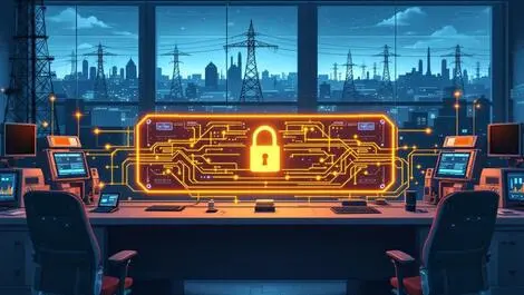 Secure industrial control room glowing barrier one way data transfer energy sector