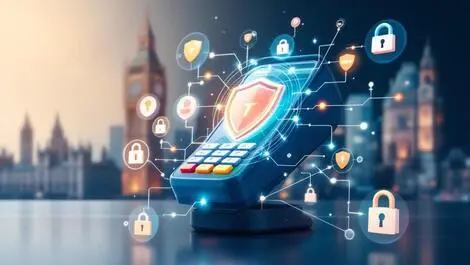 Digital payment terminal with secure icons shields locks fraud prevention london