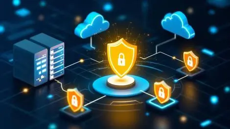 Interconnected on premise servers cloud icons glowing shields network security