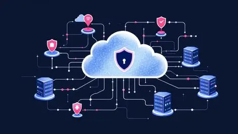 Secure complex cloud infrastructure with interconnected servers shield symbols