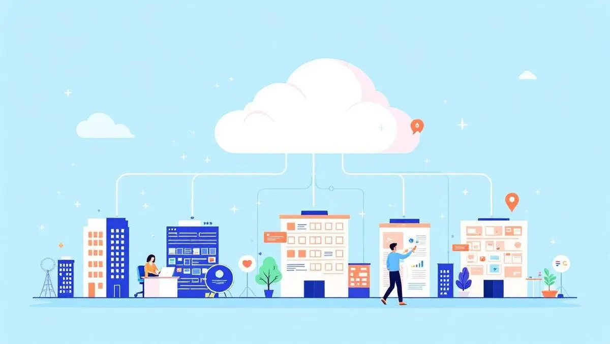 Modern illustration cloud above interconnected office buildings people working