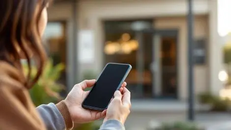 Helping hand offering smartphone to woman outside australian community center support safety