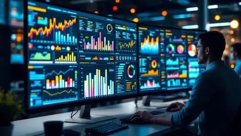 Modern office employees analyzing colorful data charts graphs real time analytics
