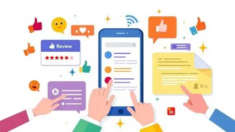 Colorful illustration smartphone thumbs up review icons interactive ads mobile app installs