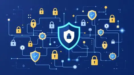 Secure digital network interconnected shields padlocks cybersecurity vector