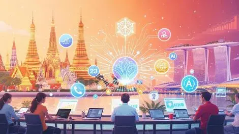 Colorful marketers laptops digital screens ai icons bangkok singapore