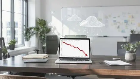 Modern european office desk computer declining budget chart cloud icons