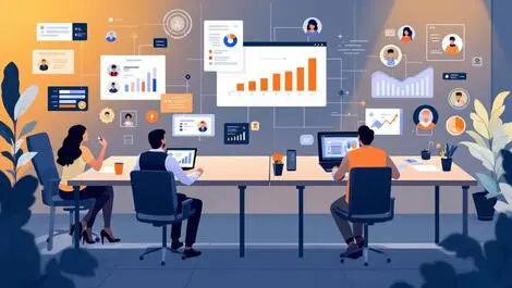 Modern australian office professionals collaborating digital hr tech charts