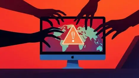 Computer monitor warning symbol shadowy hands global cyber threats online security risks