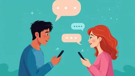Illustration two people sitting apart looking at smartphones with digital message bubbles emotional connection distance