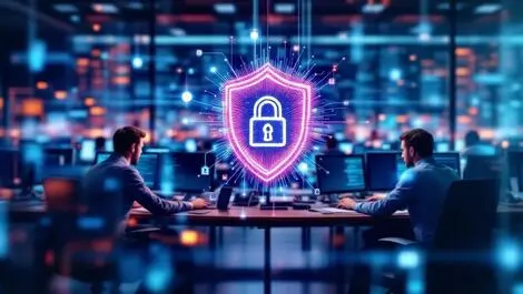 Realistic cybersecurity analysts at computer stations digital shield lock icons