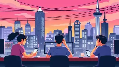 Frustrated australian people with digital devices powerline disruption urban cityscape