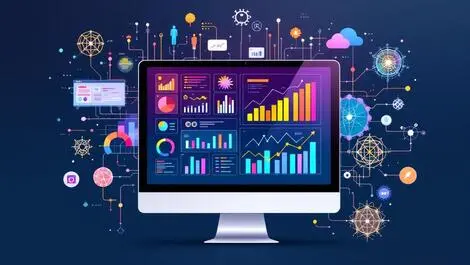 Computer monitor colorful data analytics charts abstract ai neural network patterns