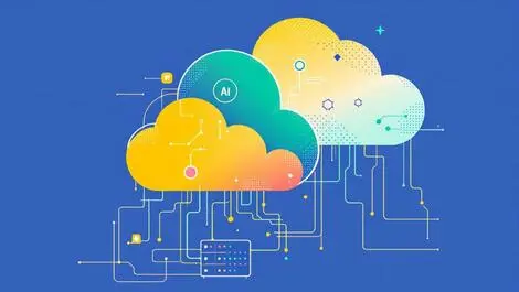 Interlocked colored clouds above server room ai integration connectivity