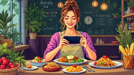 Colorful illustration australian food influencer photographing gourmet meal