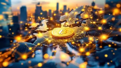 Gold digital coins blockchain connections euro map modern cityscape