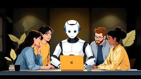 Office workers interacting with robot assistant ai skills modern workplace