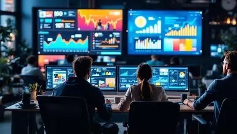 Modern office marketers computers data graphs advertising creatives automation optimization