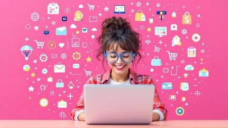 Cheerful shopper laptop digital shopping icons ai online shopping rapid rise