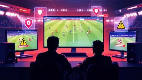 Soccer match multiple screens security shields warning blocking illegal streaming prevention
