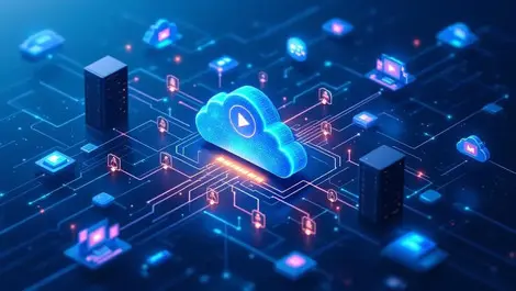 Interconnected servers cloud icons digital video streams modern media workflows cloud integration