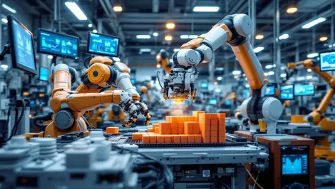 Modern automated manufacturing facility with ai robots and analytics