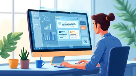 Office worker using computer with digital interface pop up tips guidance