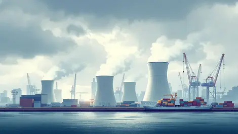 Modern micro nuclear power plant seaport cranes cargo containers london