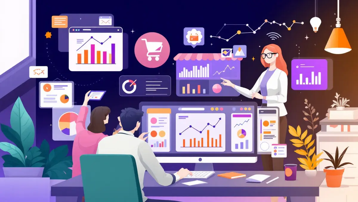 Team professionals analyzing product trends charts digital market
