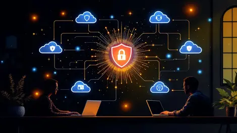Secure digital network cloud icons shields cybersecurity remote workers laptops