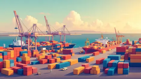 Busy seaport cargo ships unloading containers organized by cranes