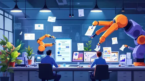 Modern office robotic arms handling paperwork computers workflow diagrams