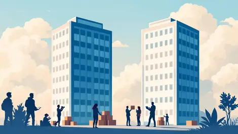 Business office buildings merging employees leaving creators thriving
