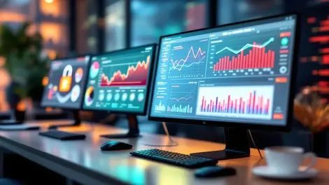 Cybersecurity benchmarking analytics comparison multiple screens modern us office