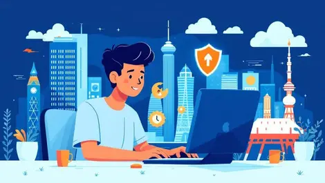 Digital illustration young person using computer protective shield singapore landmarks