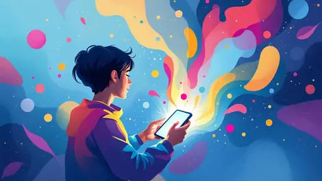 Person using mobile device colorful abstract shapes dynamic exploration