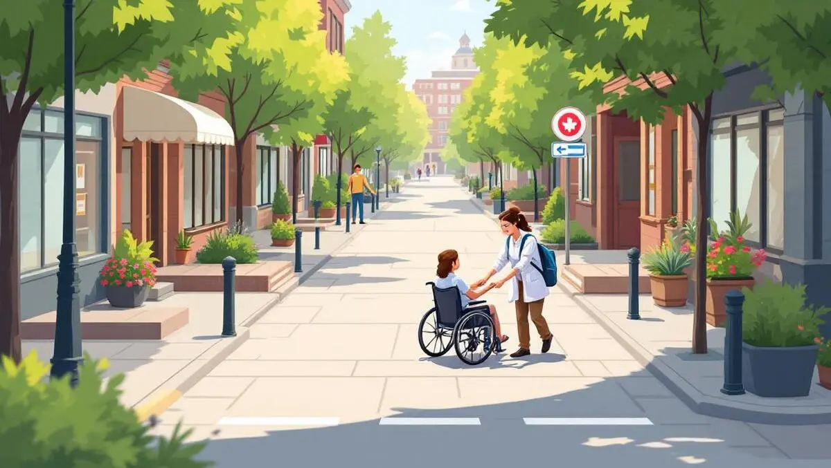 Canadian urban street caregiver assisting wheelchair accessible infrastructure