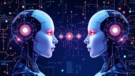 Digital illustration ai robot heads merging market consolidation data streams tech patterns