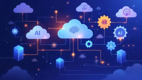 Digital illustration interconnected cloud servers ai brain automation gears