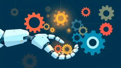 Robotic arm imitating human hand reaching for gears cogs ai business