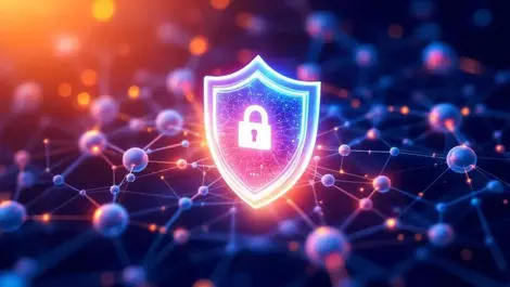 Neural network interconnected nodes glowing shield data security transparency ai