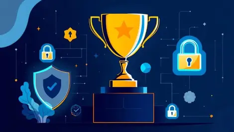 Trophy on pedestal digital shield padlock icons data security risk management