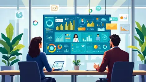 Australian businesspeople interacting with digital ai agents analytics modern office