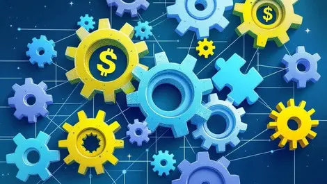 Interlocking gears puzzle pieces automation smart contracts post trade workflows