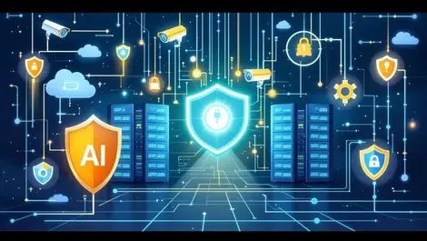 Secure data center advanced computer servers surveillance cameras shield icons ai government