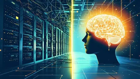 Server room tangled wires old hardware vs glowing ai brain integration challenge